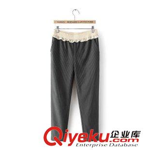 5.12 歐洲站 2015新款韓版東大門(mén)爆款松緊花邊腰條紋九分小腳褲子女原始圖片2