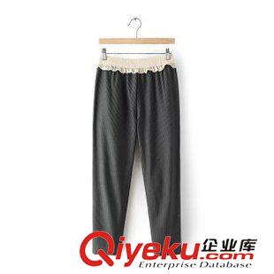 5.12 歐洲站 2015新款韓版東大門(mén)爆款松緊花邊腰條紋九分小腳褲子女原始圖片3
