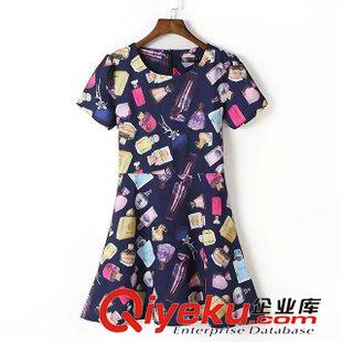 5.12 歐美2015女裝夏季新款香水瓶印花泡泡袖短袖連衣裙原始圖片2