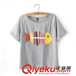 5.8 歐洲站 2015夏季新款歐美風(fēng)修身魚(yú)骨印花圓領(lǐng)短袖T恤 女原始圖片2