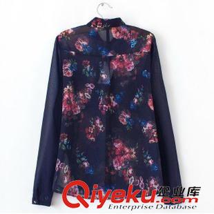 5.8 歐洲站2015夏季新款歐美風翻領長袖ts印花雪紡襯衫 女式 批發原始圖片3