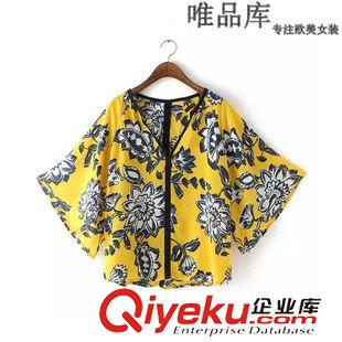 5.6 速賣通 廠家直銷2015夏季新款印花和服式深v領(lǐng)雪紡襯衫上衣女批發(fā)