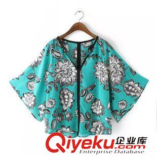 5.6 速賣通 廠家直銷2015夏季新款印花和服式深v領(lǐng)雪紡襯衫上衣女批發(fā)