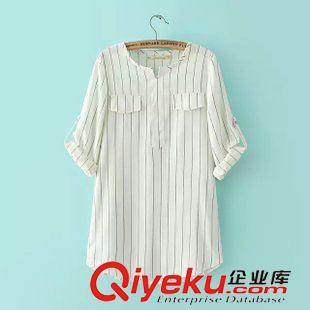 襯衫 速賣(mài)通現(xiàn)貨批發(fā)2015秋裝新款 歐美女裝 人棉條紋長(zhǎng)款長(zhǎng)袖女士襯衫原始圖片2