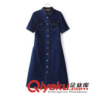 連衣裙 歐洲站2015秋裝新款歐美女裝 單排扣彈力襯衫式短袖牛仔連衣裙