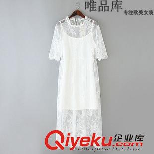 蕾絲裙 唯品庫 韓版精品女裝 度假風(fēng)純色中袖白色蕾絲長裙連衣裙兩件套