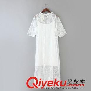 蕾絲裙 唯品庫 韓版精品女裝 度假風(fēng)純色中袖白色蕾絲長裙連衣裙兩件套