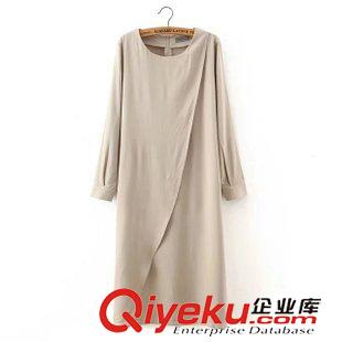 長裙 歐洲站 歐美風2015秋裝新品女裝 不規(guī)則衣襟長款系帶長袖連衣裙