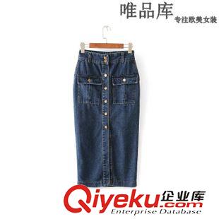 牛仔裙 歐洲站歐美2015夏季新款女裝 雙口袋單排扣長(zhǎng)款牛仔半身裙包臀裙
