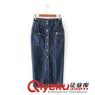 牛仔裙 歐洲站歐美2015夏季新款女裝 雙口袋單排扣長(zhǎng)款牛仔半身裙包臀裙