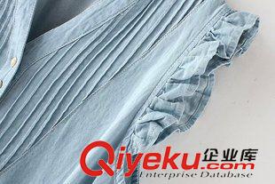 牛仔裙 2015夏季新款 韓版女裝 清新東大門爆款褶皺荷葉邊無袖牛仔連衣裙