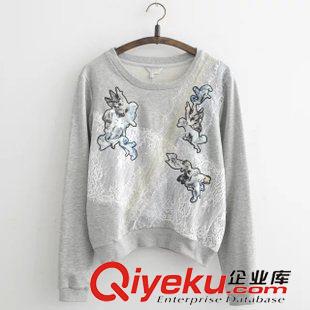 衛(wèi)衣 歐美2015秋裝新款女裝上衣 卡通刺繡長袖套頭蕾絲衛(wèi)衣女