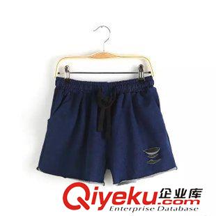 短褲 歐美2015夏季新款女裝 純色百搭松緊腰抽繩洞洞牛仔短褲原始圖片3
