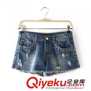 短褲 歐洲站 夏裝新款 歐美女裝 鉚釘裝飾時尚中腰牛仔短褲原始圖片2