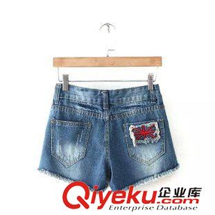 牛仔褲 2015夏季新款 韓版女裝 潮流毛邊磨破國(guó)旗圖案牛仔短褲女原始圖片3