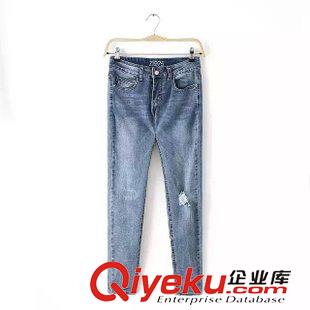 牛仔褲 2015秋裝新款 歐美女裝 品牌時(shí)尚磨破做舊彈力小腳牛仔褲 女褲原始圖片2