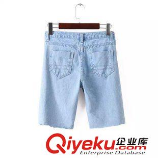 牛仔褲 2015夏季新款歐美時(shí)尚淺色個(gè)性破洞牛仔中褲 女原始圖片3