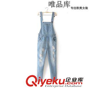 牛仔褲 2015夏季新款歐美時(shí)尚淺色個(gè)性破洞牛仔中褲 女
