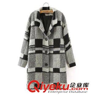呢子大衣 風(fēng)衣 歐洲站歐美風(fēng)2015秋冬裝新款女裝 撞色長條大格子中長款呢子大衣原始圖片2