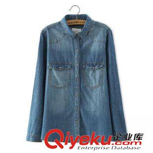 牛仔專區(qū) 歐洲站2015秋季女裝新品 珍珠扣翻領(lǐng)中長款兩口袋水洗牛仔襯衫原始圖片2