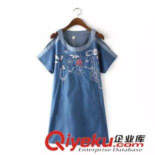 大碼女裝   歐洲站 一件代發2015新款短裙露肩歐美風顯瘦刺繡短袖牛仔連衣裙原始圖片2