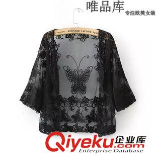 未分類 唯品庫(kù) 2015春季新款女裝 歐美風(fēng)蝴蝶刺繡中袖開衫 蕾絲罩衫 批發(fā)