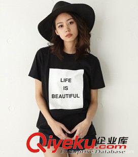 女T恤 moussy 官網(wǎng)新款 字母印休閑t恤  LIFE IS BEAUTIFUL