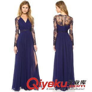 8月中旬 2015速賣(mài)通ebay爆款蕾絲刺繡拼接雪紡大裙擺落地禮服裙連衣裙