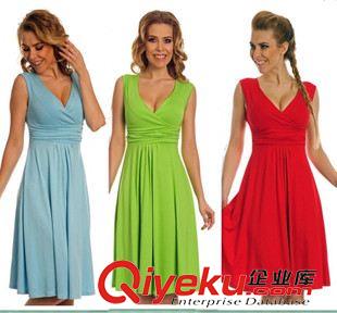 8月中旬 2015速賣(mài)通 ebay歐美外貿(mào)原單 糖果色V領(lǐng)短袖連衣裙 5色4碼