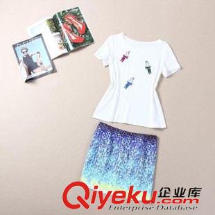 套裝 2015新款 歐美dp楊冪同款白色小鳥T恤上衣+印花半裙套裝女裝潮原始圖片3