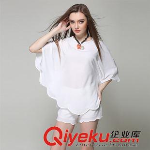 襯衫 雪紡衫 歐洲站2015歐美dp名媛氣質(zhì)蝙蝠衫上衣時(shí)尚套裝夏短褲兩件套女潮原始圖片3