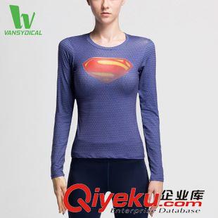 跑步上衣 直供現貨 超人蝙蝠俠轉印拼網透氣速干彈力緊身長袖上衣女款原始圖片2