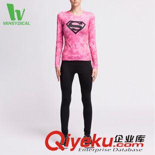 跑步上衣 直供現貨 超人蝙蝠俠轉印拼網透氣速干彈力緊身長袖上衣女款原始圖片3