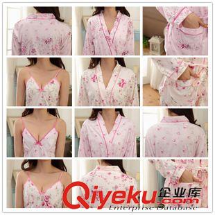 莫代爾/牛奶絲 春秋季女裝睡衣三件套裝長袖吊帶衫日系和服甜美碎花牛奶絲家居服原始圖片3