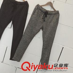 歐美范 2015秋季新款簡單百搭歐美風(fēng)麻灰色抽繩收腰休閑褲哈倫褲長褲女原始圖片3