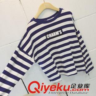 9.23NEW 2015韓國秋季新款學(xué)院風(fēng)字母印花寬條紋蝙蝠袖圓領(lǐng)長袖T恤3色女式原始圖片3