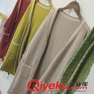 9.14NEW 韓國定制面料2015秋冬新款簡約風(fēng)棒球領(lǐng)羊絨口袋中長款毛衣開衫原始圖片2