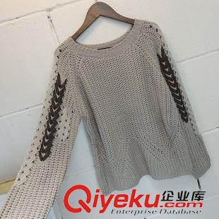 8.29NEW 2015秋冬新款個性韓國袖子絲帶綁帶針織氣質鏤空加厚毛衣女批發(fā)原始圖片2