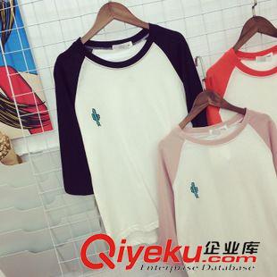 8.13NEW 2015韓國(guó)東大門秋季新款百搭插肩5分袖刺繡仙人掌棉麻T恤女原始圖片2