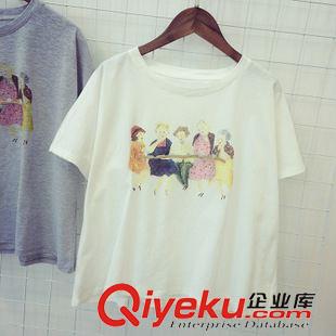 7.31NEW 2015韓國(guó)訂單可愛(ài)印花聚餐棉質(zhì)短袖短款寬松T恤2色  WZM573007