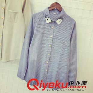 7.31NEW 2015秋季新款日式大眼刺繡翻領(lǐng)豎條紋長(zhǎng)袖開衫襯衫  WZM573008