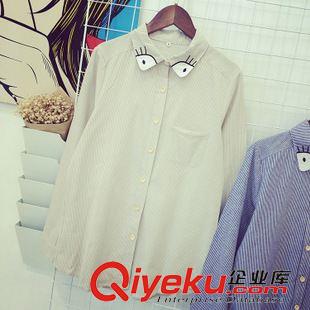 7.31NEW 2015秋季新款日式大眼刺繡翻領(lǐng)豎條紋長(zhǎng)袖開衫襯衫  WZM573008