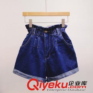 7.16NEW 歐美風簡約個性女裝新品木耳邊松緊腰闊腿顯瘦牛仔短褲2色