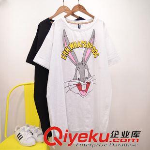 7.5NEW 韓國東大門新款女裝兔八哥印花圖案棉麻寬版開叉圓領(lǐng)長款T恤女2色
