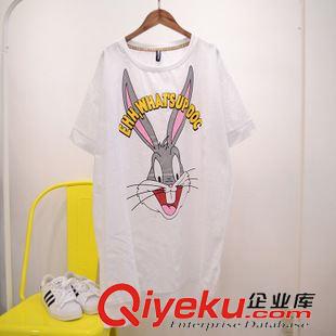 7.5NEW 韓國東大門新款女裝兔八哥印花圖案棉麻寬版開叉圓領(lǐng)長款T恤女2色原始圖片3