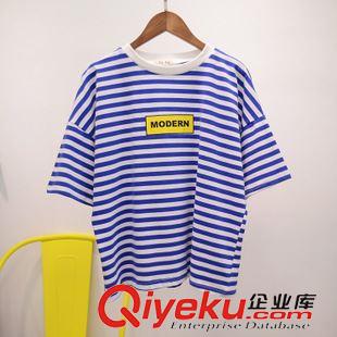 7.5NEW 韓國(guó)東大門(mén)學(xué)院風(fēng)百搭modern字母印花條紋海軍風(fēng)短袖寬版T恤3色原始圖片2