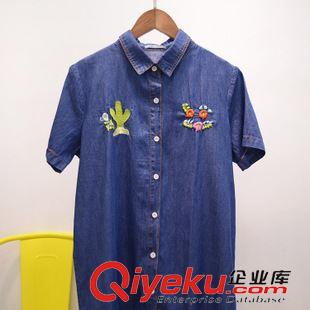 7.5NEW 日式日單水洗牛仔手工刺繡牛仔仙人掌翻領(lǐng)短袖修身牛仔中長襯衫女