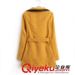 ★10月13號新款更新 2015秋冬新款PU皮包邊大翻領(lǐng)修身中長款系帶毛呢大衣外套 女原始圖片3