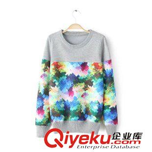 ★10月11號新款更新 2015秋冬新款彩色印花拼接針織圓領長袖套頭毛衣 女上衣 WT10145原始圖片2