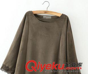★10月9號新款更新 2015秋季新品麂皮絨拼蕾絲連肩中袖休閑寬松連衣裙打底裙 女原始圖片3